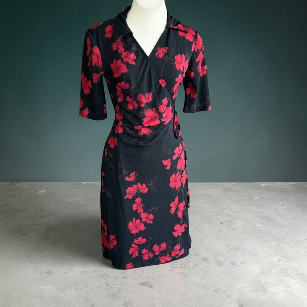California Concepts Y2K Black Red floral Jersey Knit Wrap Dress Size Medium